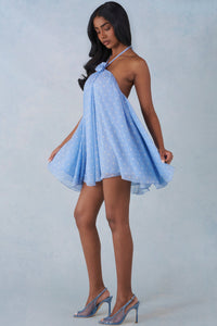 Halterneck Babydoll Mini Dress in Blue Polka Dot Print