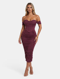 Faux-Corset Ruched Bodycon Cocktail Midi Dress