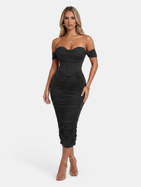 Faux-Corset Ruched Bodycon Cocktail Midi Dress