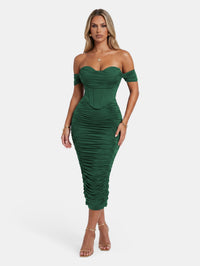 Faux-Corset Ruched Bodycon Cocktail Midi Dress
