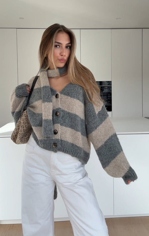 Knitted Stripe Cardigan Grey