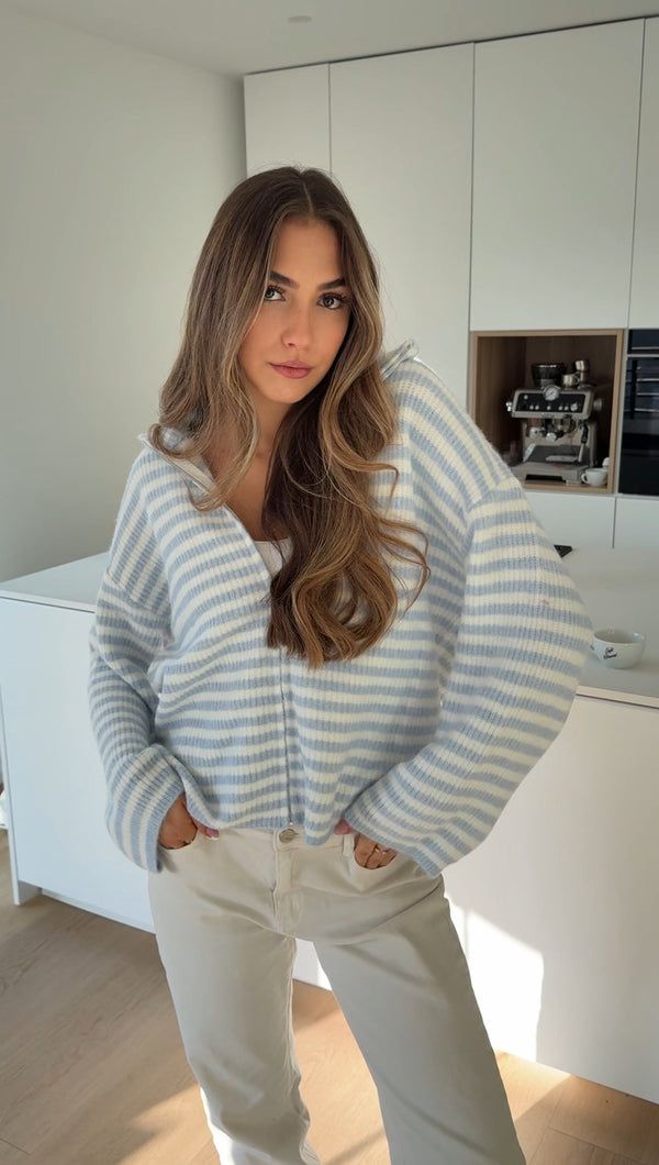 Striped Zip Knit Cardigan Soft Blue