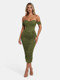 Faux-Corset Ruched Bodycon Cocktail Midi Dress